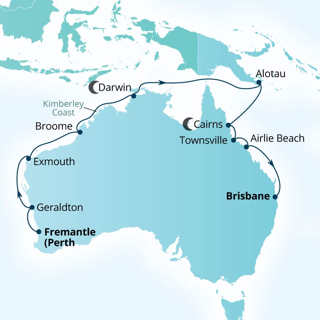 Seabourn Quest 20-day Fremantle (Perth), Australia to Brisbane, Australia itinerary map, March 26-April 15 2027