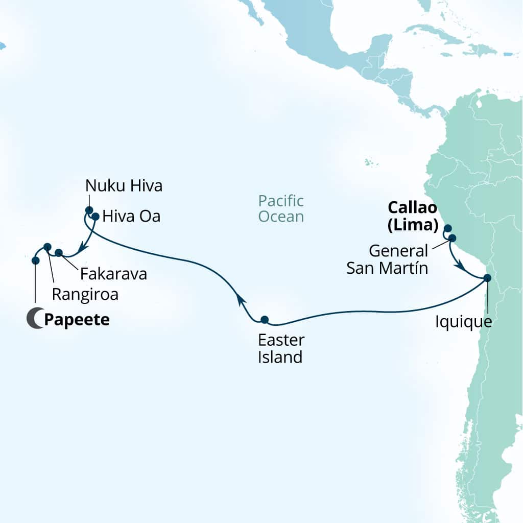 Seabourn Quest 23-day Callao (Lima), Peru to Papeete, French Polynesia itinerary map, January 17-February 9 2027