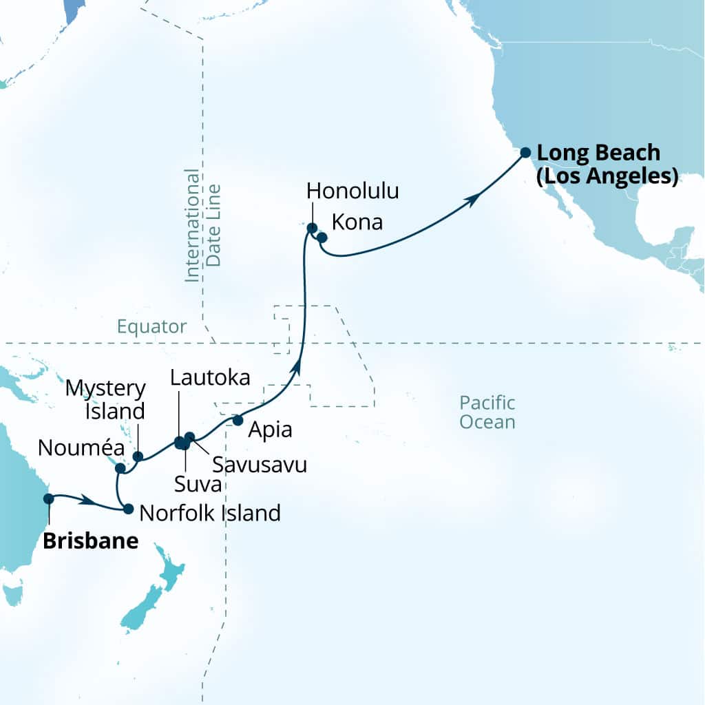 Seabourn Quest 27-day Brisbane, Australia to Long Beach, California, US itinerary map, April 15-May 11 2027