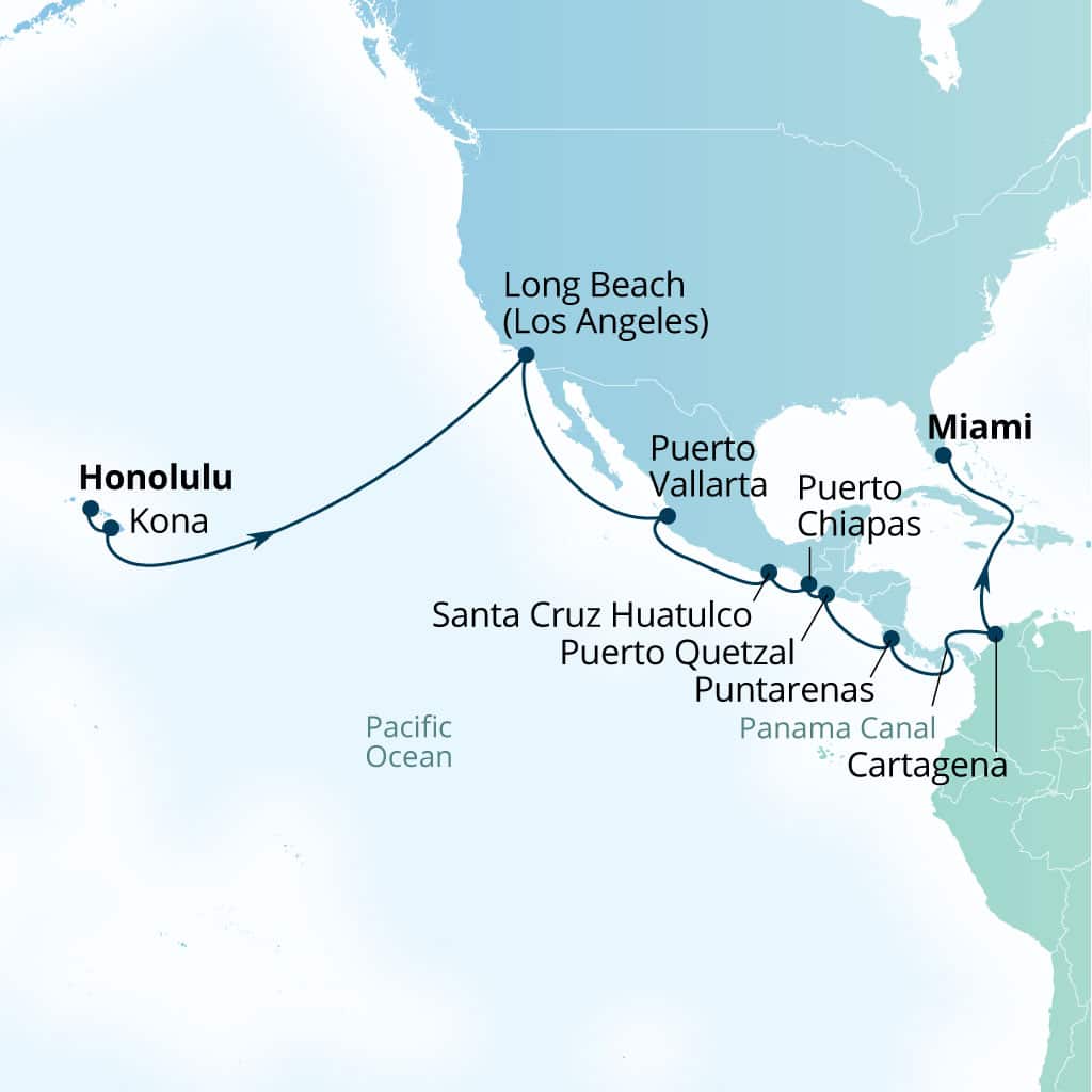 Seabourn Quest 27-day Honolulu, Hawaii, US to Miami, Florida, US itinerary map, May 3-30 2027