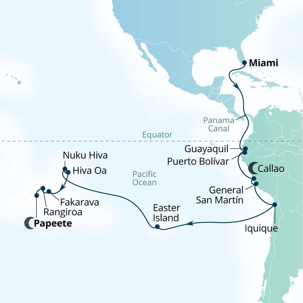 Seabourn Quest 35-day Miami, Florida, US to Papeete, French Polynesia itinerary map, January 5-February 9 2027