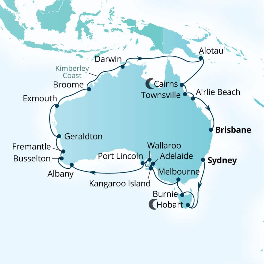 Seabourn Quest 37-day Sydney, Australia to Brisbane, Australia itinerary map, March 9-April 15 2027