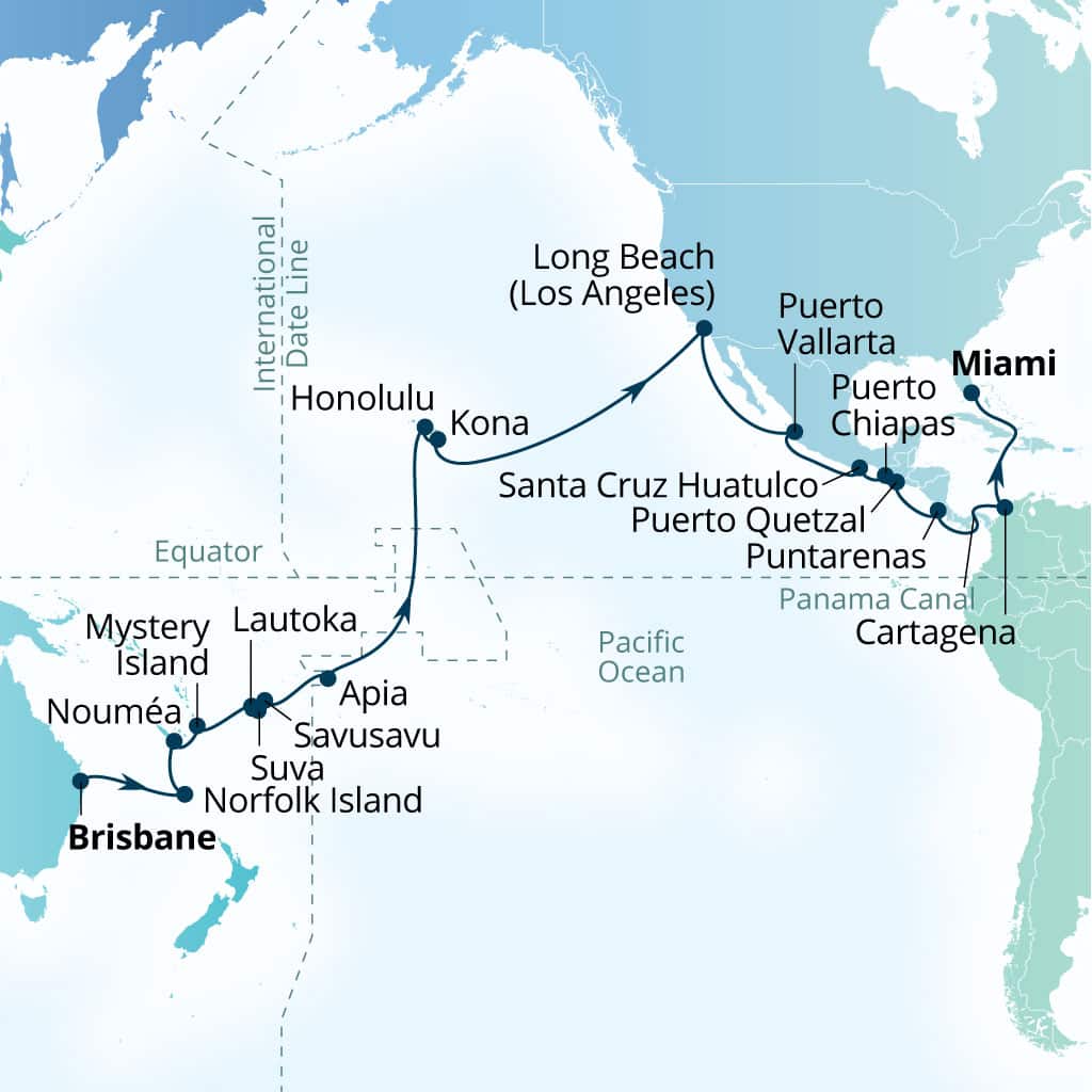 Seabourn Quest 46-day Brisbane, Australia to Miami, Florida, US itinerary map, April 15-May 30 2027