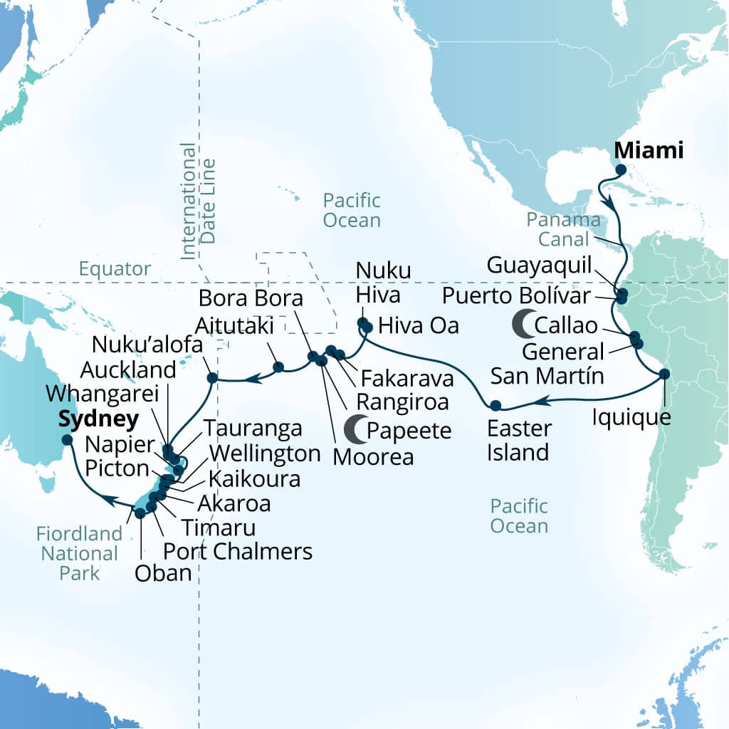 Seabourn Quest 62-day Miami, Florida, US to Sydney, Australia itinerary map, January 5-March 9 2027