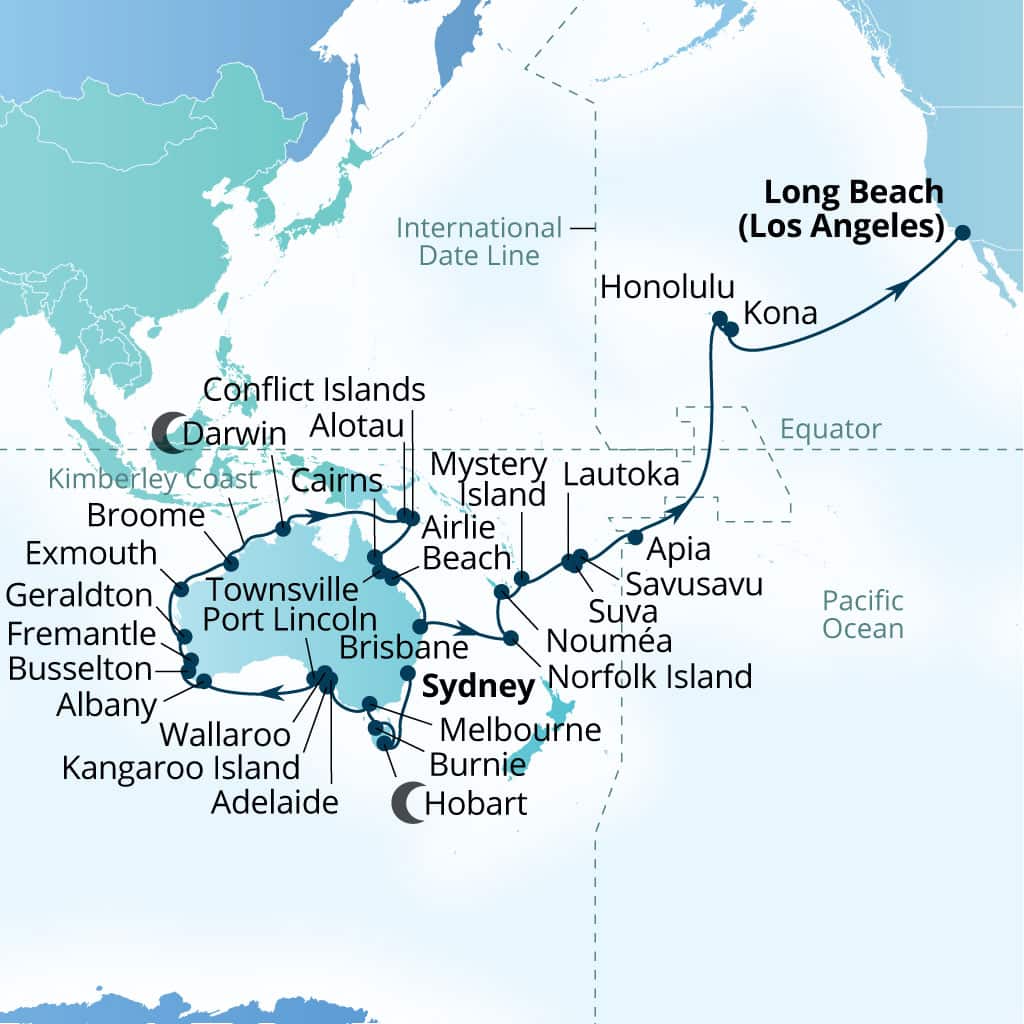Seabourn Quest 64-day Sydney, Australia to Long Beach, California, US itinerary map, March 9-May 11 2027