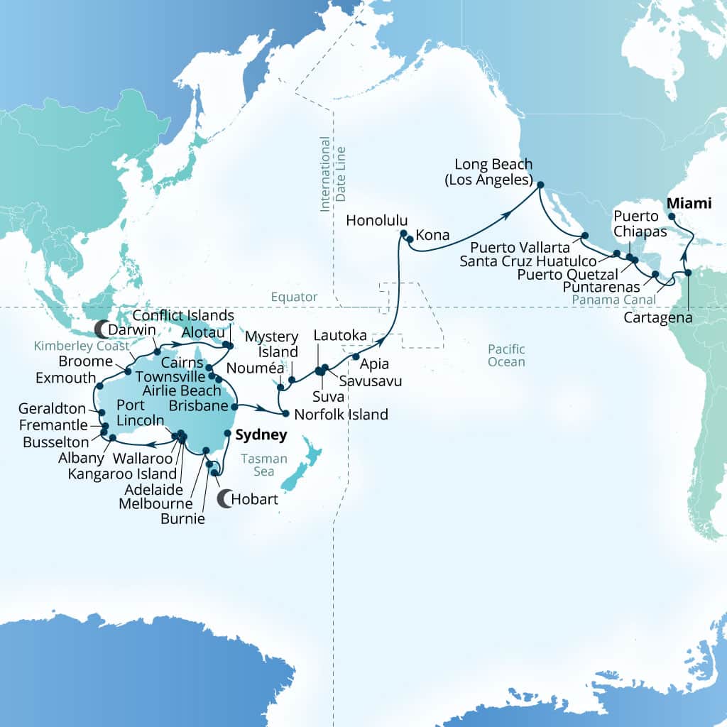 Seabourn Quest 83-day Sydney, Australia to Miami, Florida, US itinerary map, March 9-May 30 2027