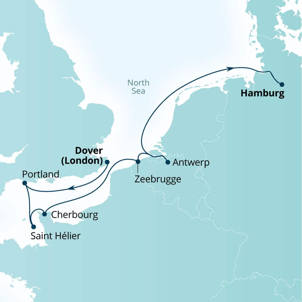 Seabourn Quest 7-day Southampton (London), England to Hamburg, Germany itinerary map, May 6-13 2028
