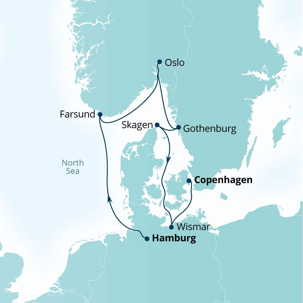 Seabourn Quest 7-day Hamburg, Germany to Copenhagen, Denmark itinerary map, May 13-20 2028