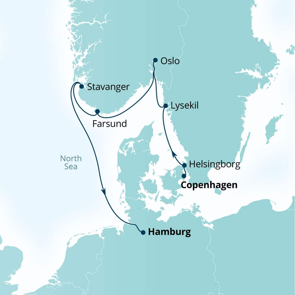 Seabourn Quest 7-day Copenhagen, Denmark to Hamburg, Germany itinerary map, June 1-8 2028