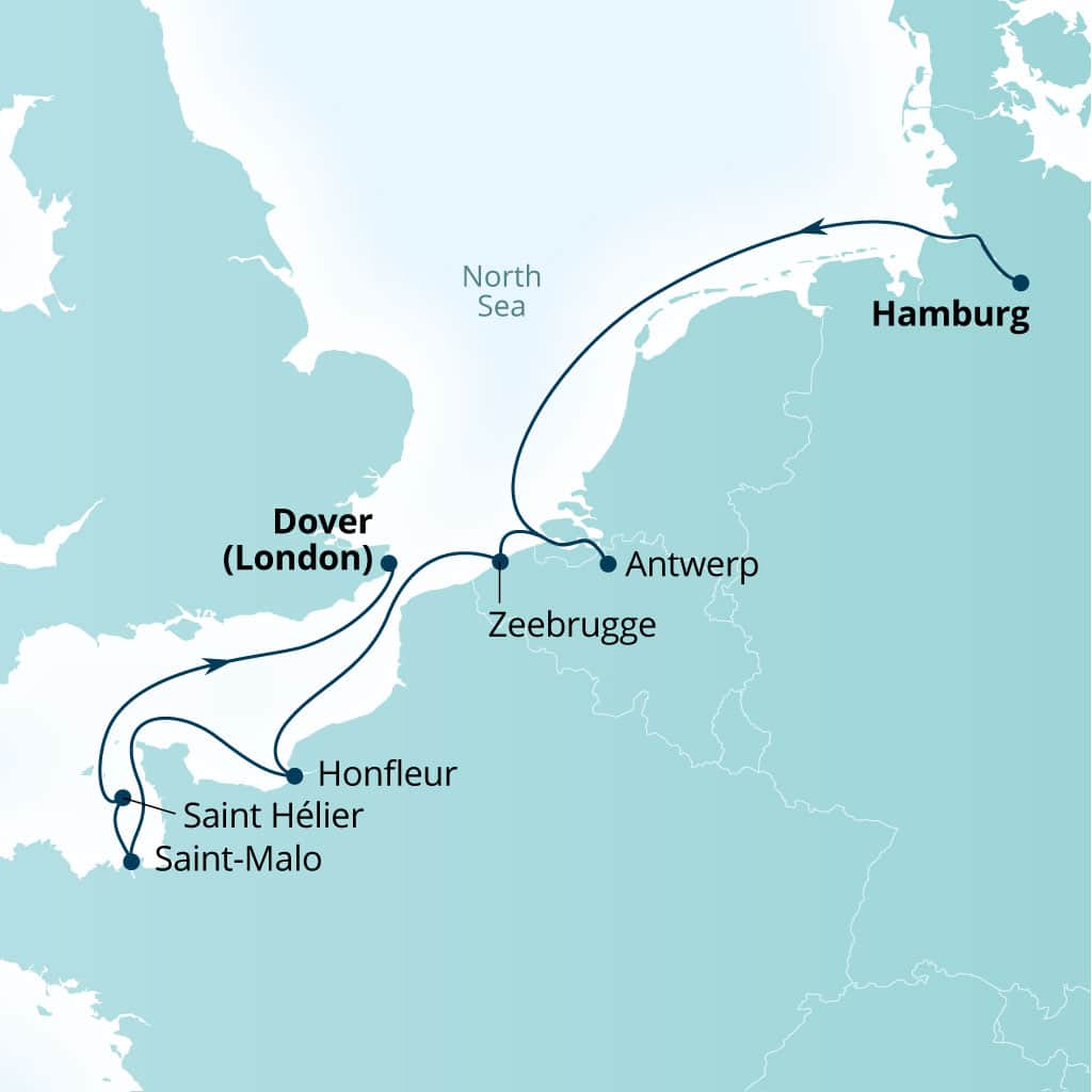 Seabourn Quest 7-day Hamburg, Germany to Dover (London), England, UK itinerary map, June 8-15 2028