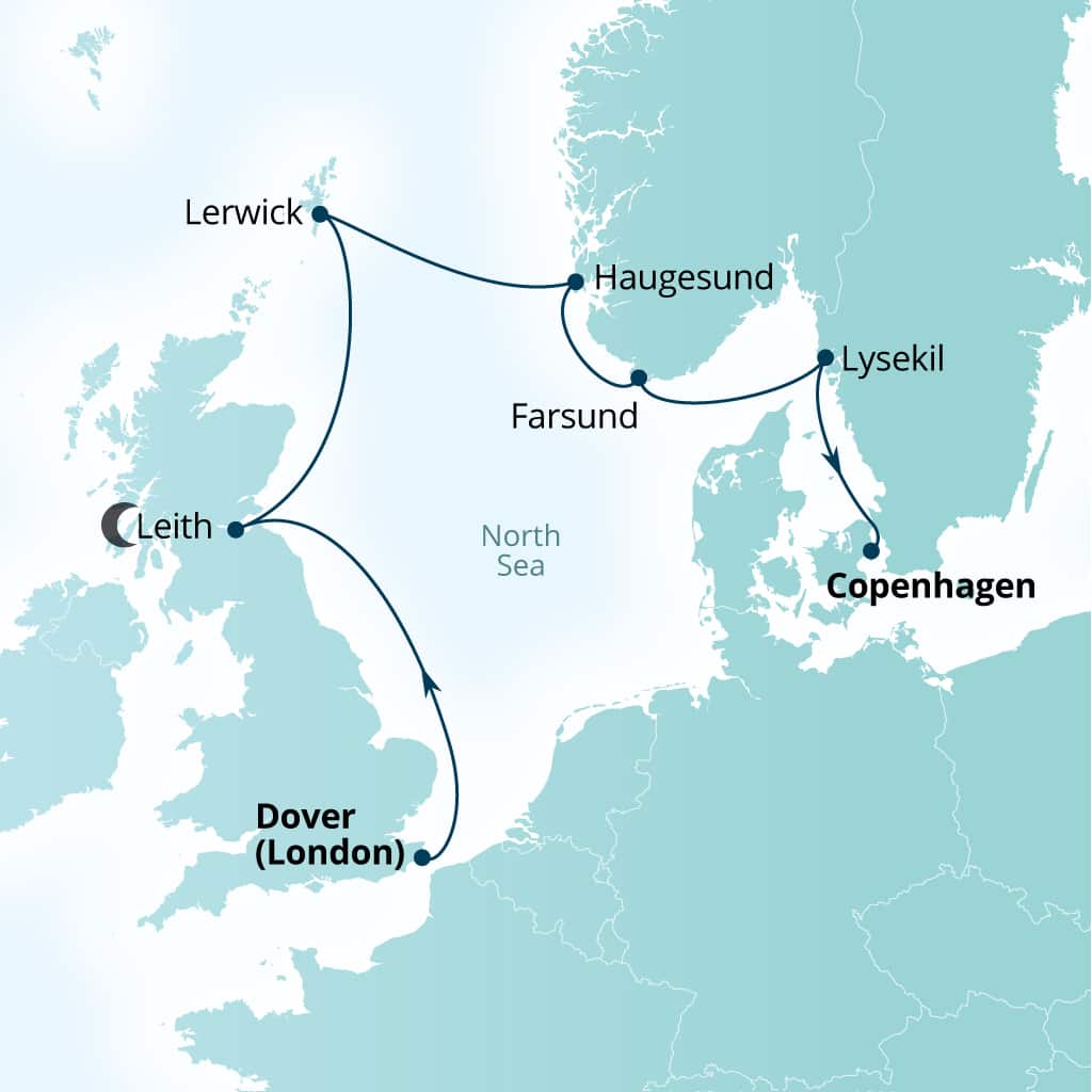 Seabourn Quest 8-day Dover (London), England, UK to Copenhagen, Denmark itinerary map, August 8-16 2028