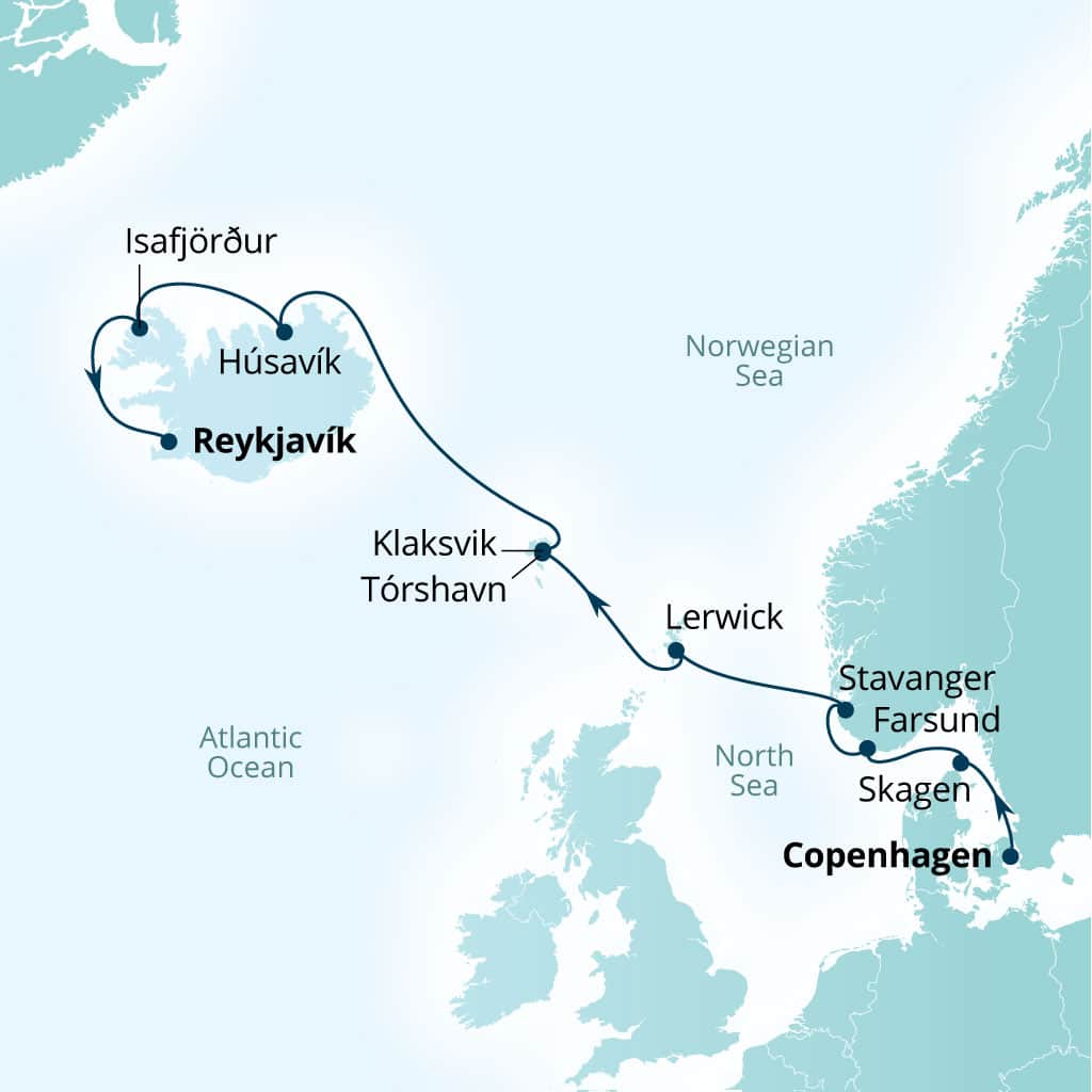 Seabourn Quest 10-day Copenhagen, Denmark to Reykjavik, Iceland itinerary map, August 28-September 7 2028
