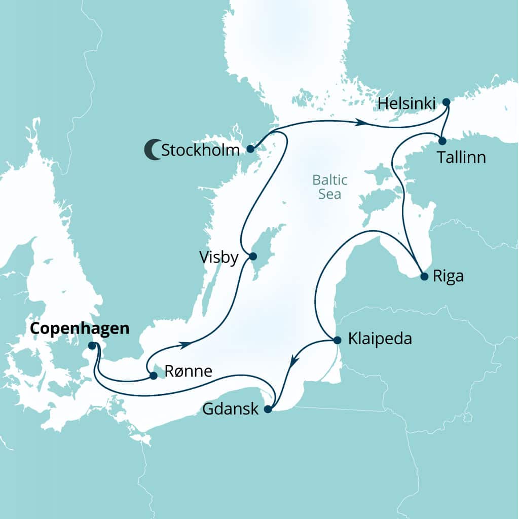 Seabourn Quest 12-day Copenhagen, Denmark to Copenhagen, Denmark itinerary map, August 16-28 2028