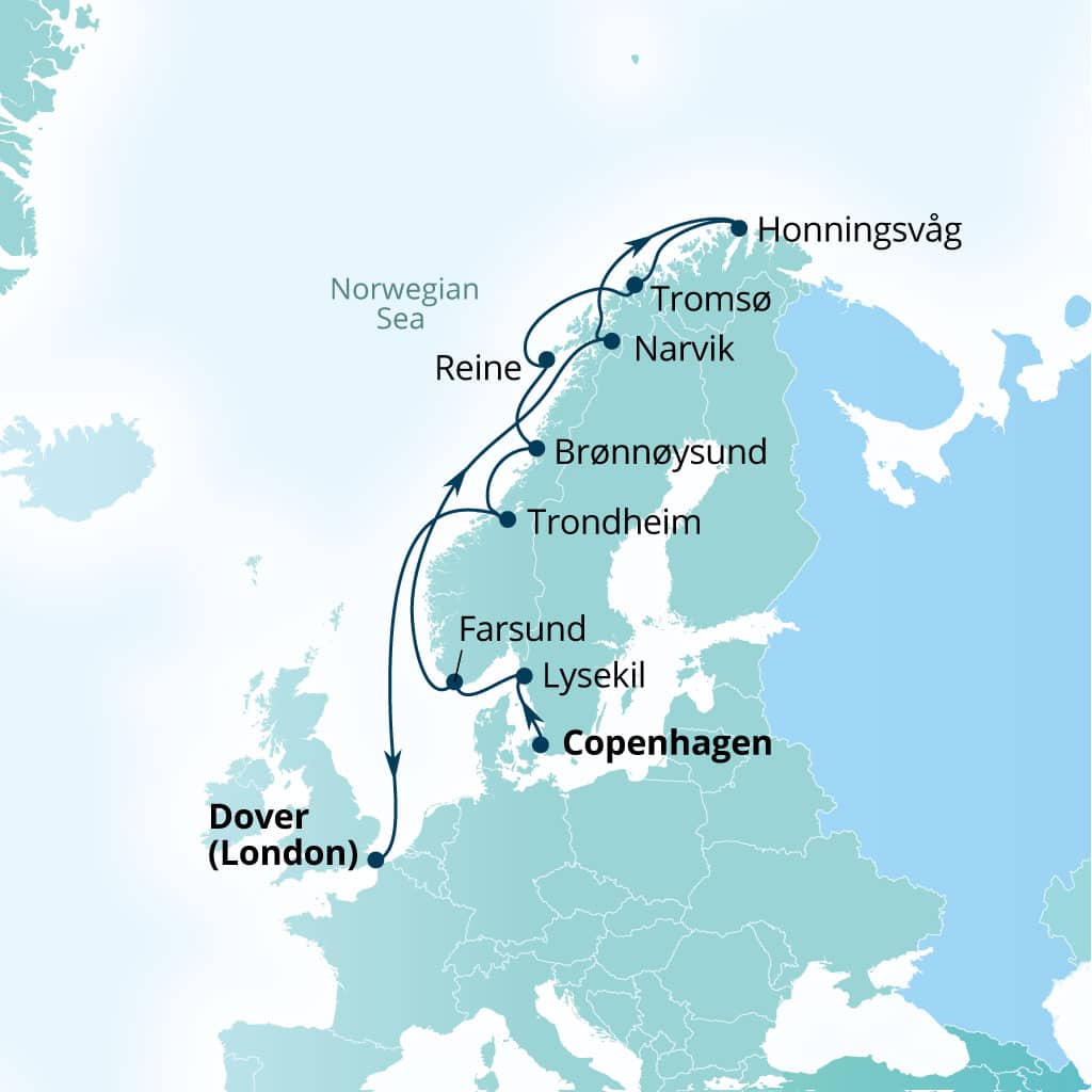 Seabourn Quest 14-day Copenhagen, Denmark to Dover (London), England, UK itinerary map, July 11-25 2028