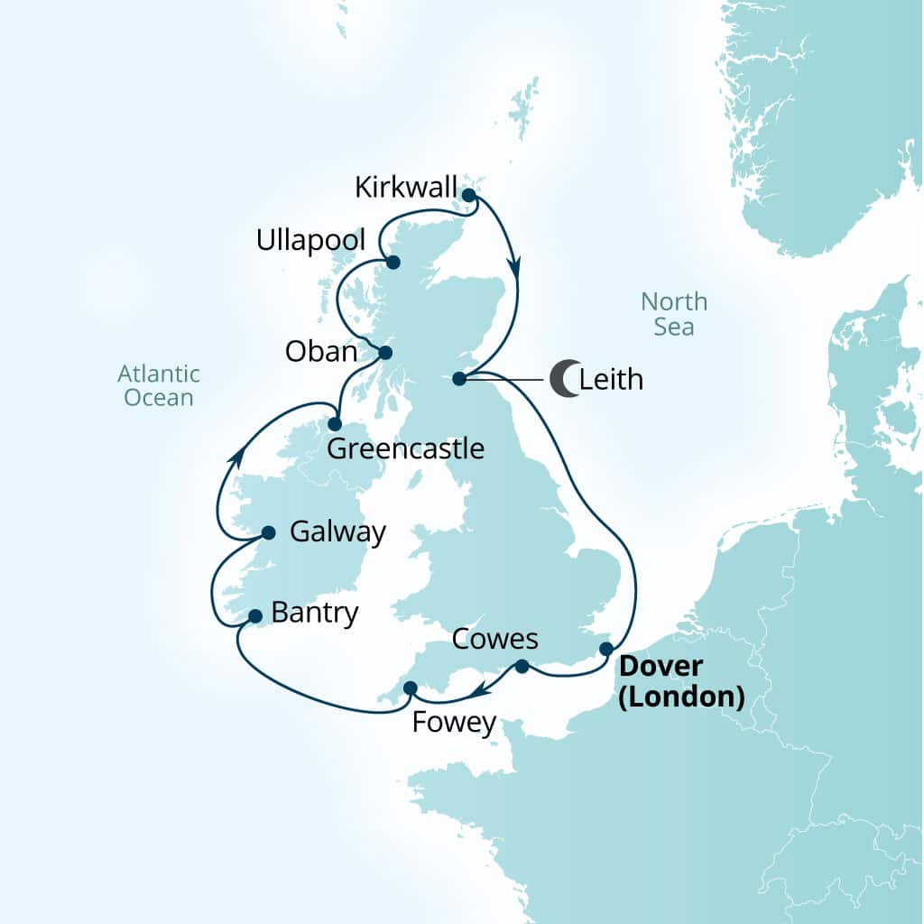 Seabourn Quest 14-day Dover (London), England, UK to Dover (London), England, UK itinerary map, July 25-August 8 2028