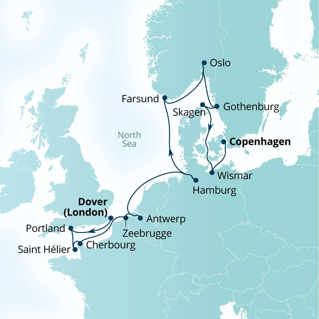 Seabourn Quest 14-day Southampton (London), England to Copenhagen, Denmark itinerary map, May 6-20 2028