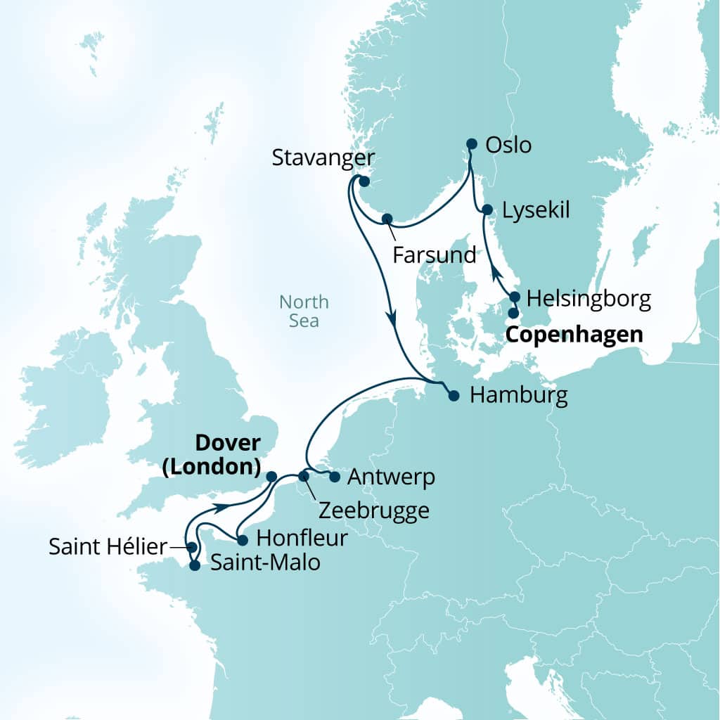 Seabourn Quest 14-day Copenhagen, Denmark to Dover (London), England, UK itinerary map, June 1-15 2028