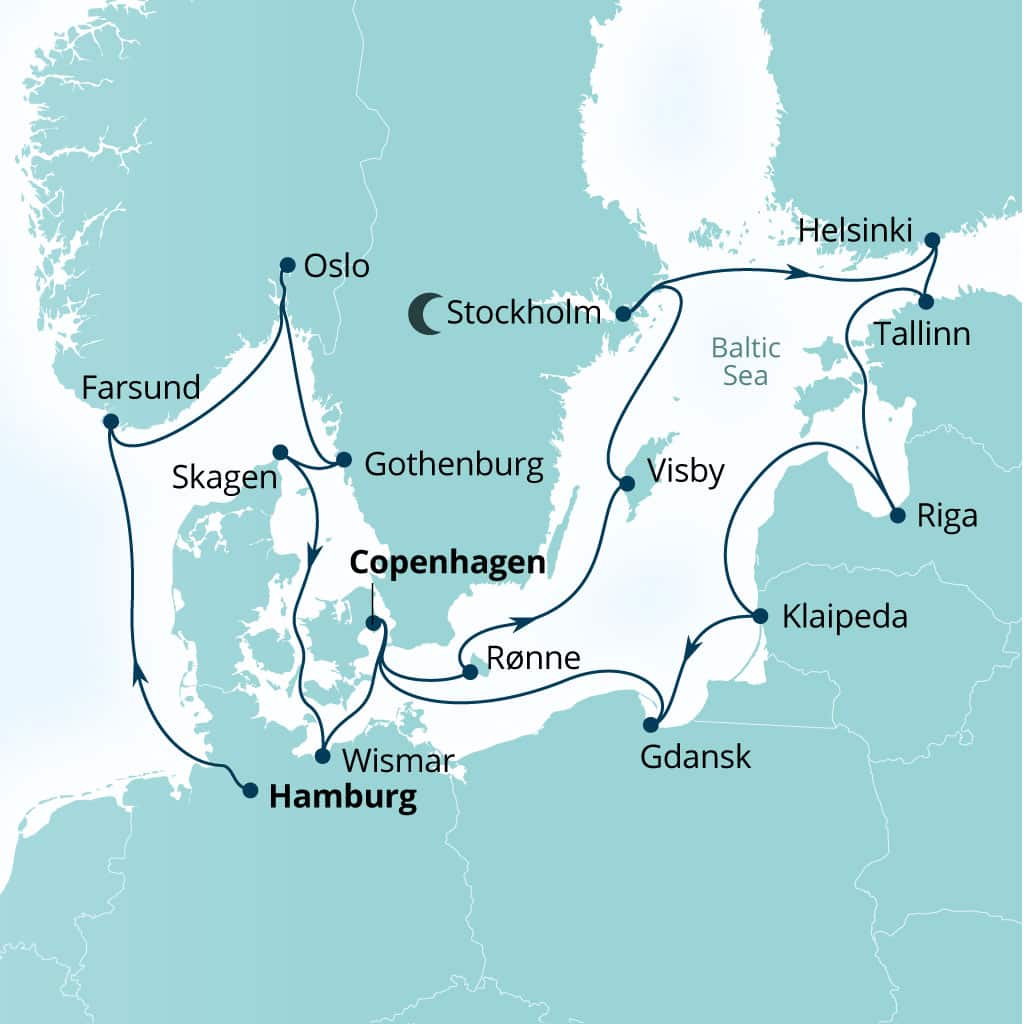 Seabourn Quest 19-day Hamburg, Germany to Copenhagen, Denmark itinerary map, May 13-June 1 2028