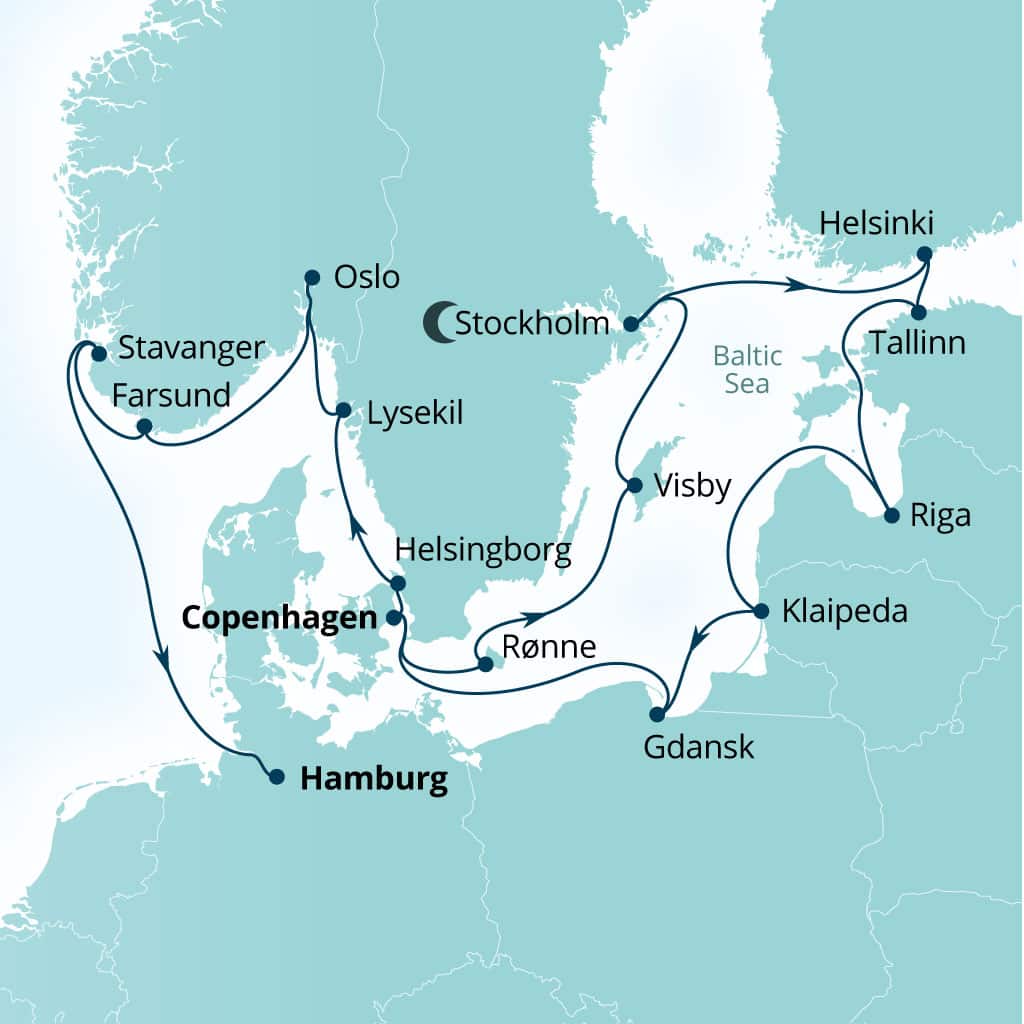 Seabourn Quest 19-day Copenhagen, Denmark to Hamburg, Germany itinerary map, May 20-June 8 2028