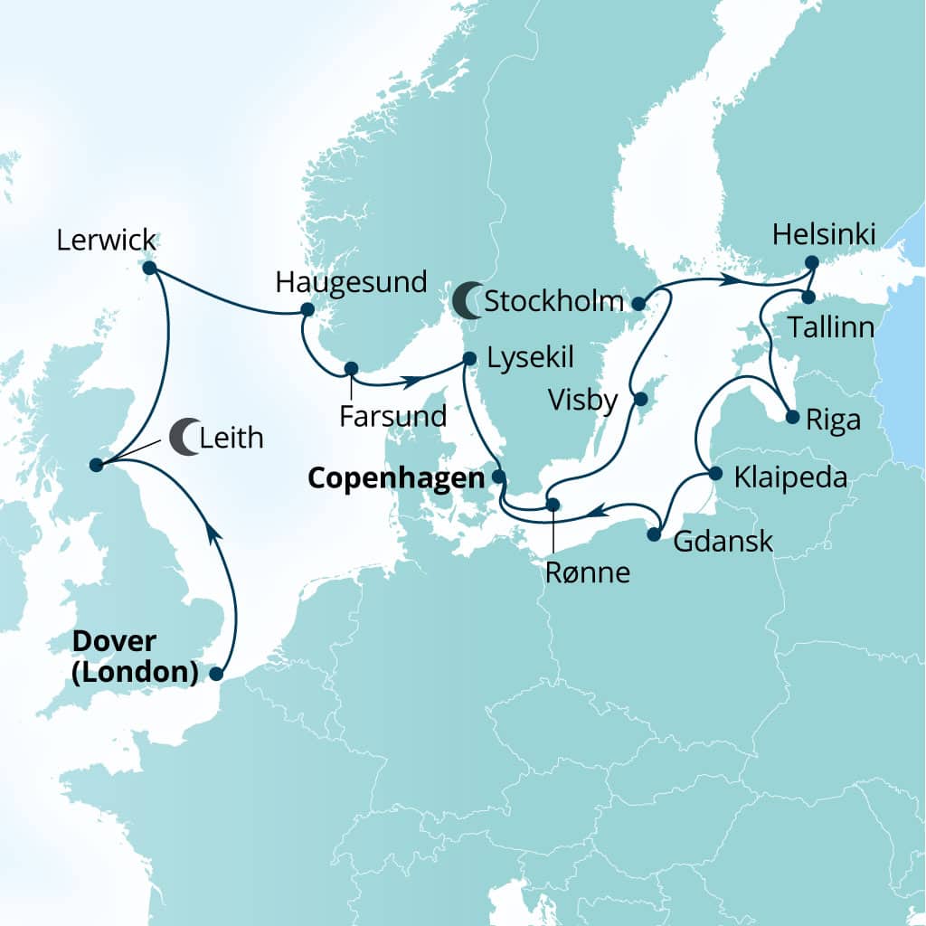 Seabourn Quest 20-day Dover (London), England, UK to Copenhagen, Denmark itinerary map, August 8-28 2028