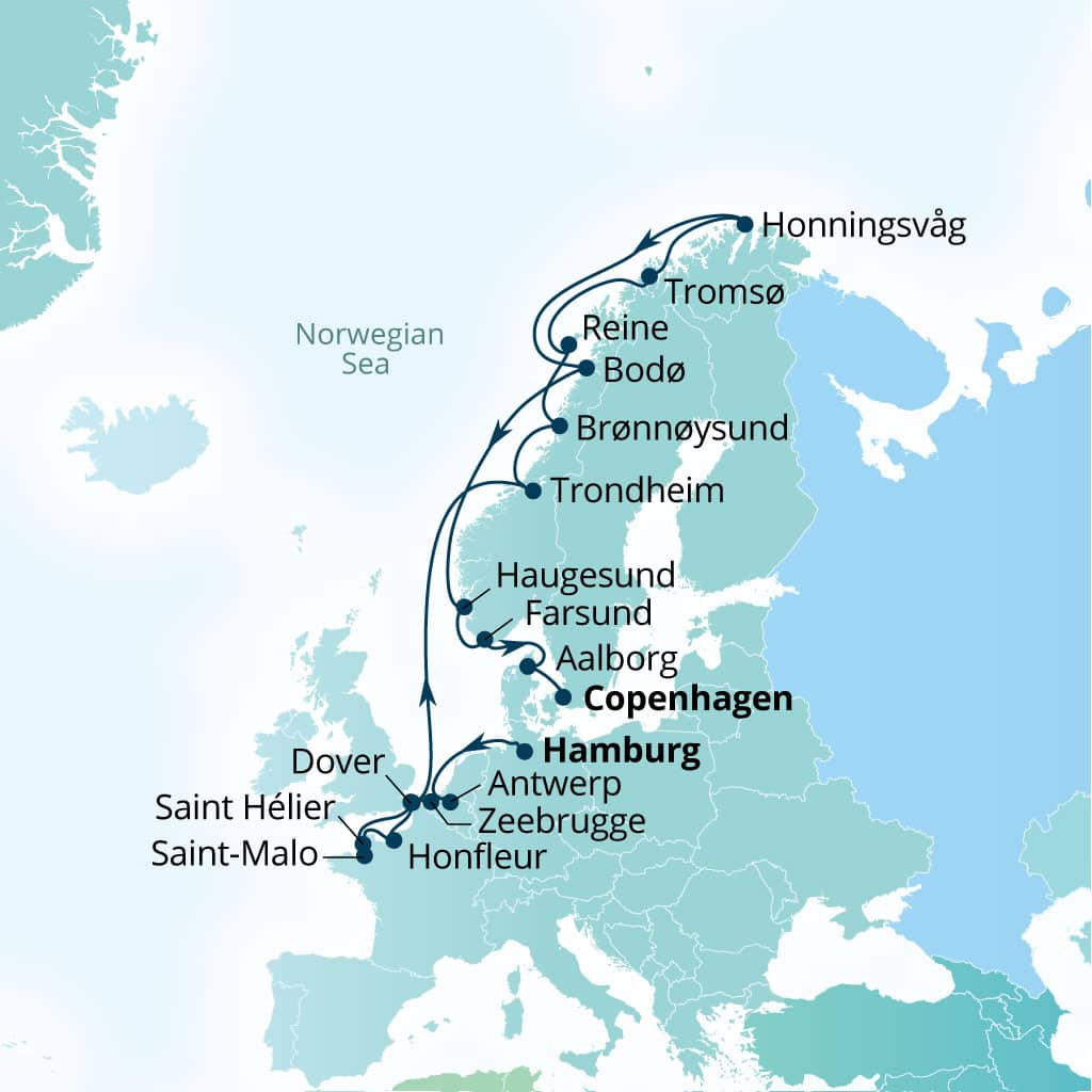 Seabourn Quest 21-day Hamburg, Germany to Copenhagen, Denmark itinerary map, June 8-29 2028