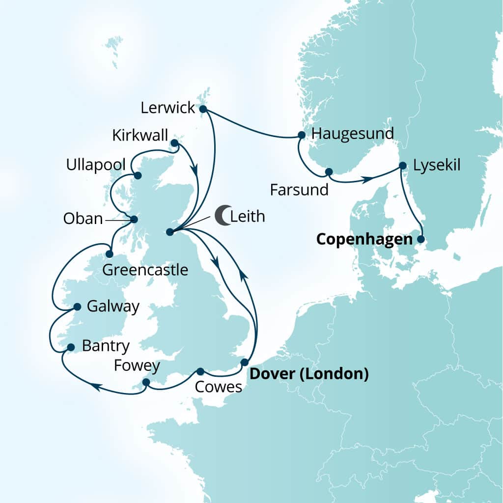 Seabourn Quest 22-day Dover (London), England, UK to Copenhagen, Denmark itinerary map, July 25-August 16 2028