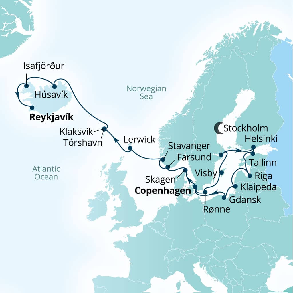 Seabourn Quest 22-day Copenhagen, Denmark to Reykjavik, Iceland itinerary map, August 16-September 7 2028