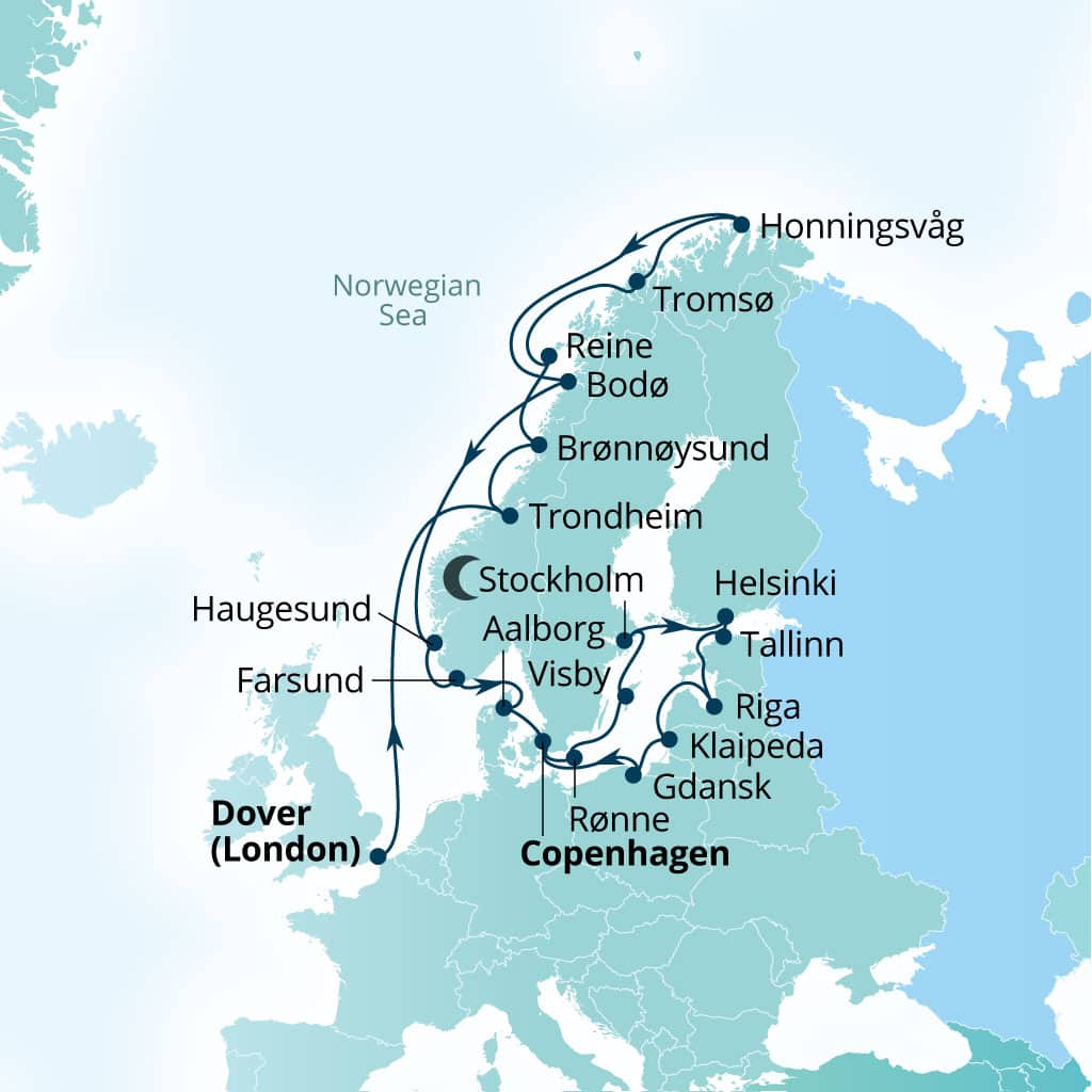 Seabourn Quest 26-day Dover (London), England, UK to Copenhagen, Denmark itinerary map, June 15-July 11 2028
