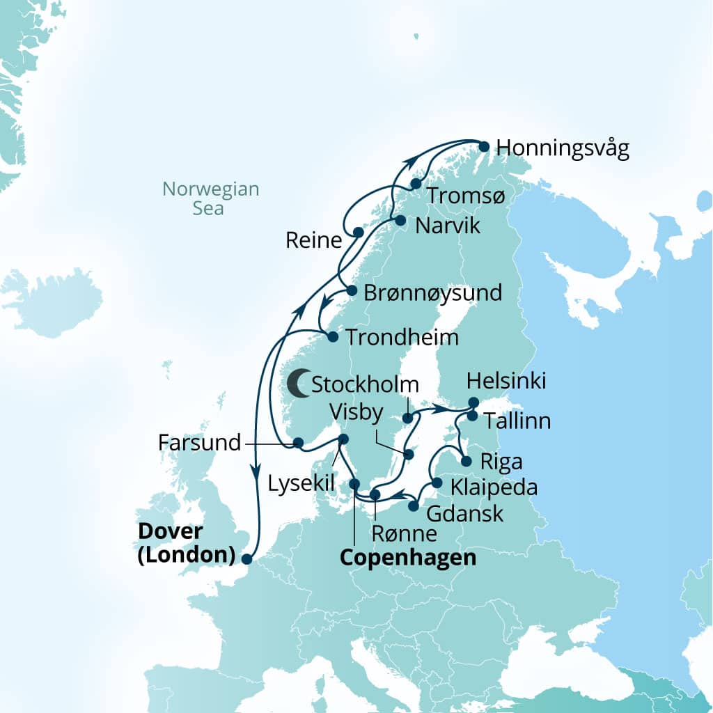 Seabourn Quest 26-day Copenhagen, Denmark to Dover (London), England, UK itinerary map, June 29-July 25 2028