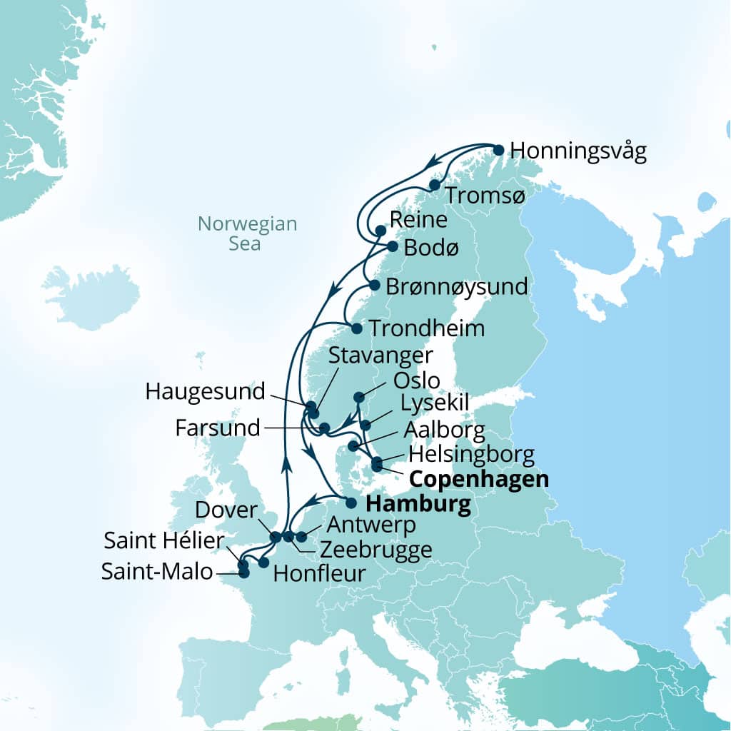 Seabourn Quest 28-day Copenhagen, Denmark to Copenhagen, Denmark itinerary map, June 1-29 2028
