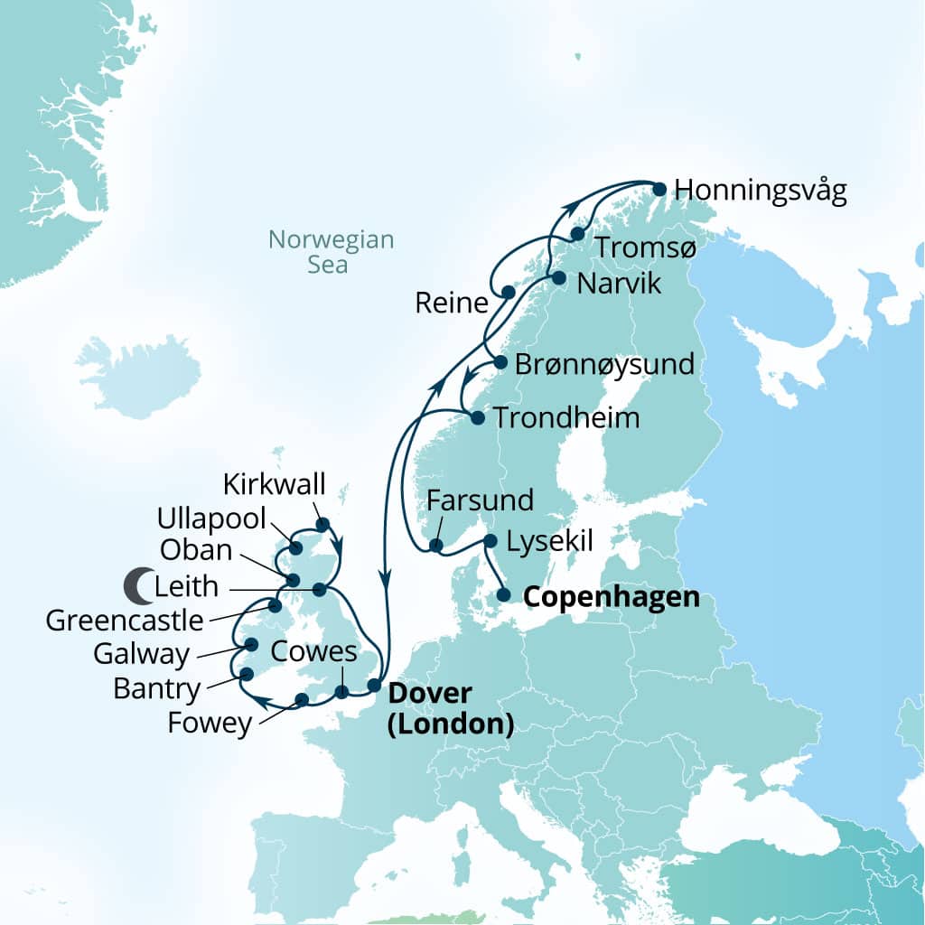 Seabourn Quest 28-day Copenhagen, Denmark to Dover (London), England, UK itinerary map, July 11-August 8 2028