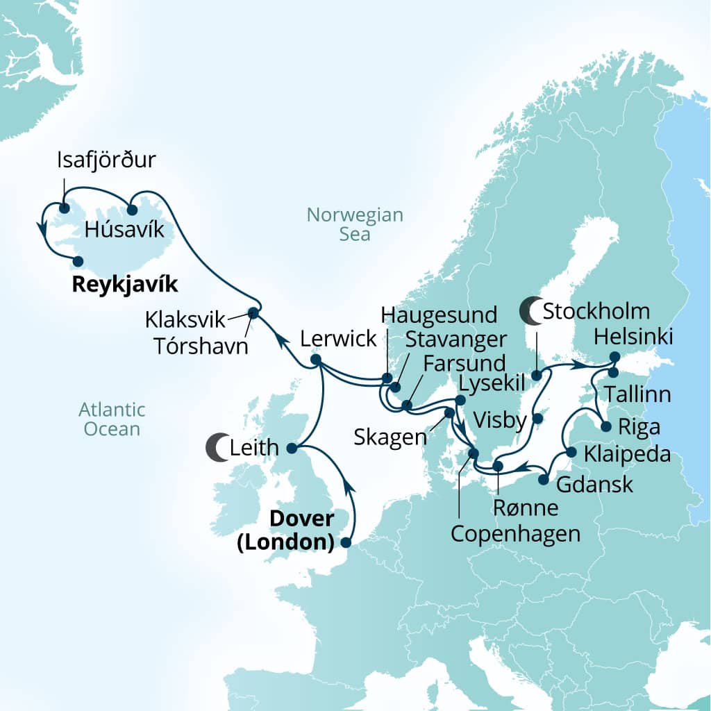 Seabourn Quest 30-day Dover (London), England, UK to Reykjavik, Iceland itinerary map, August 8-September 7 2028