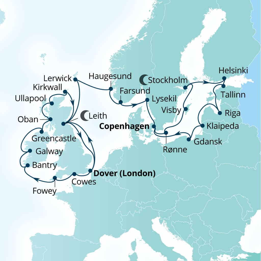 Seabourn Quest 34-day Dover (London), England, UK to Copenhagen, Denmark itinerary map, July 25-August 28 2028
