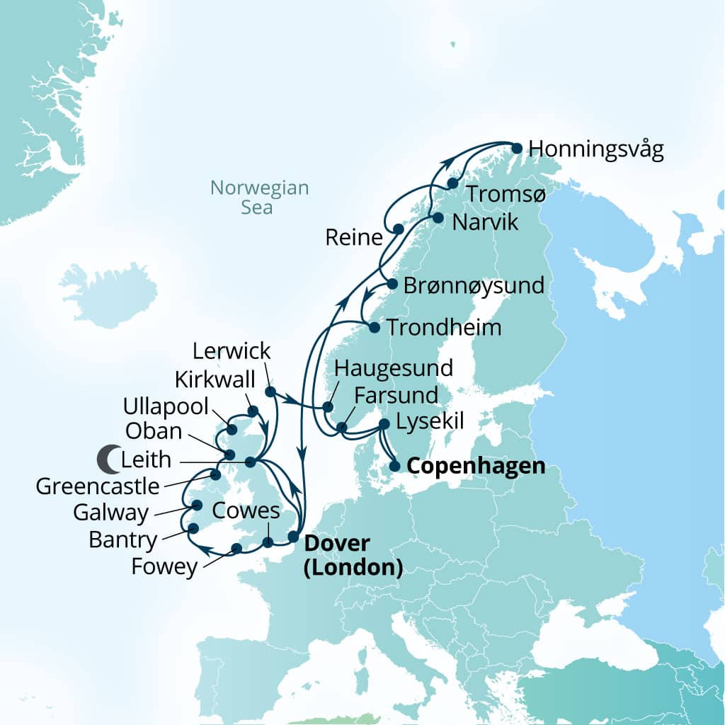 Seabourn Quest 36-day Copenhagen, Denmark to Copenhagen, Denmark itinerary map, July 11-August 16 2028