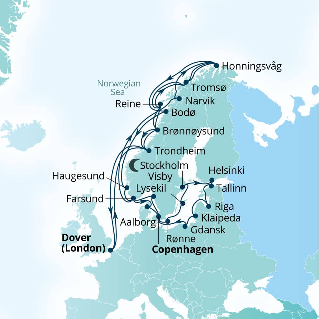 Seabourn Quest 40-day Dover (London), England, UK to Dover (London), England, UK itinerary map, June 15-July 25 2028
