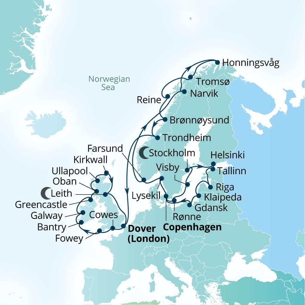 Seabourn Quest 40-day Copenhagen, Denmark to Dover (London), England, UK itinerary map, June 29-August 8 2028
