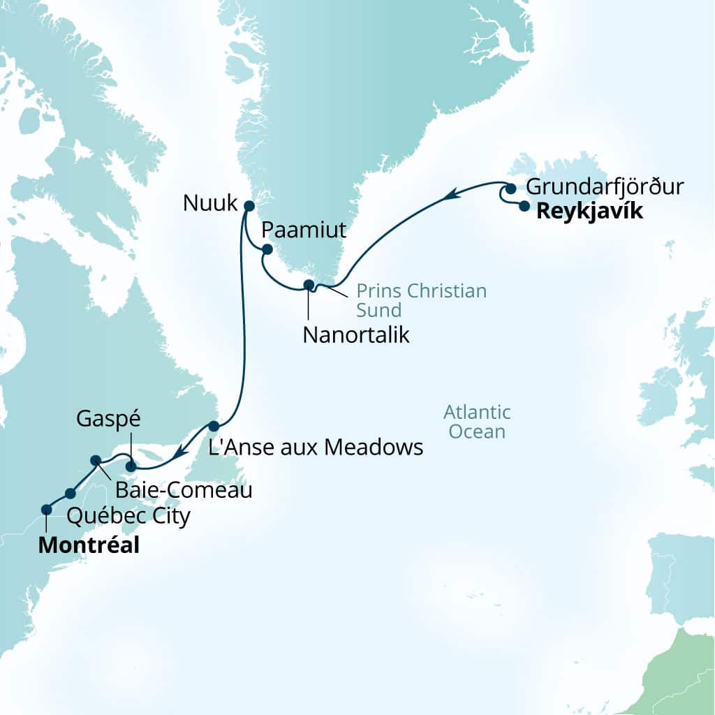 Seabourn Quest 14-day Reykjavik, Iceland to Montreal, Quebec, Canada itinerary map, September 7-21 2028