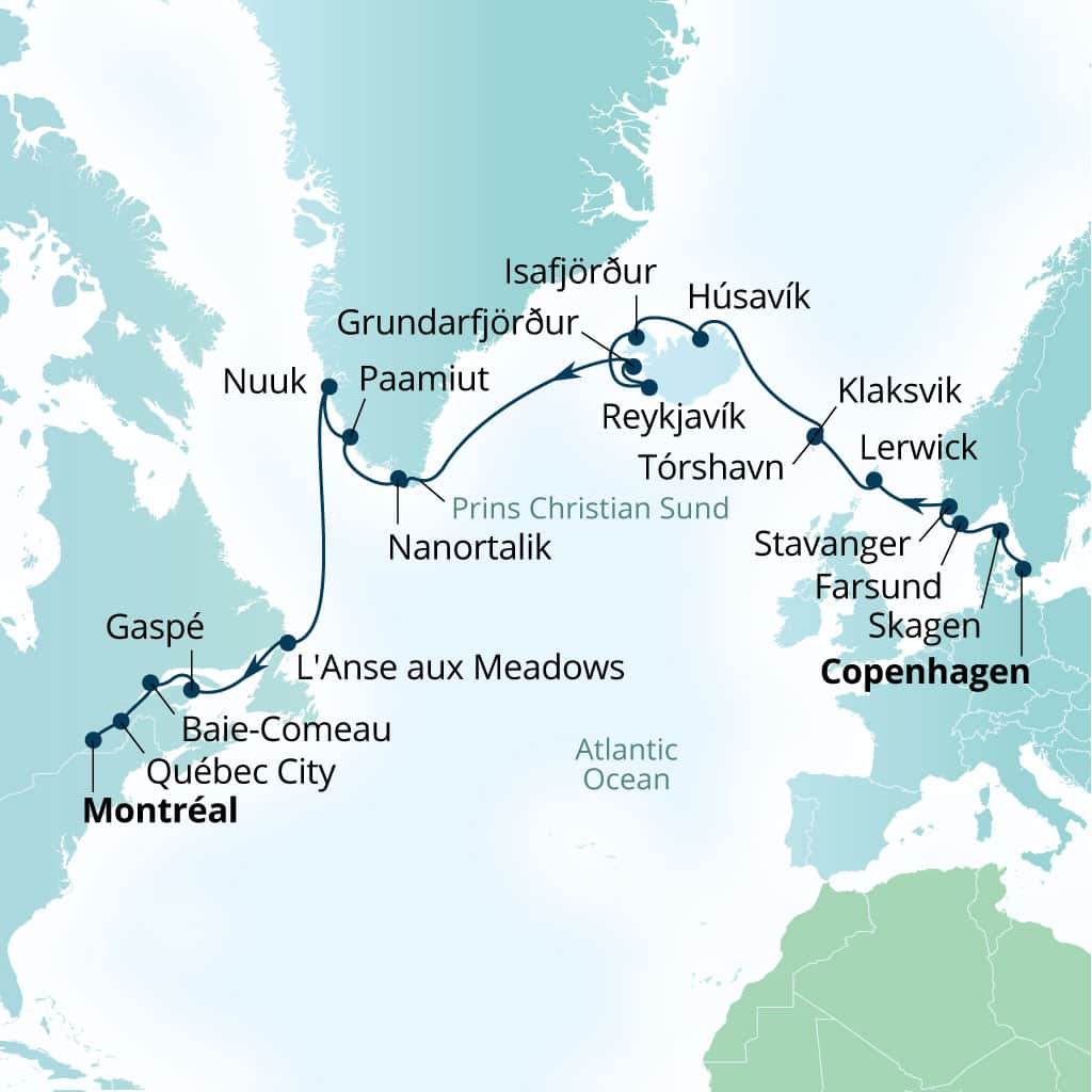Seabourn Quest 24-day Copenhagen, Denmark to Montreal, Quebec, Canada itinerary map, August 28-September 21 2028
