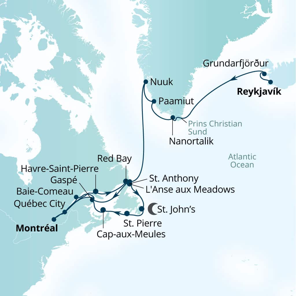 Seabourn Quest 27-day Reykjavik, Iceland to Montreal, Quebec, Canada itinerary map, September 7-October 4 2028