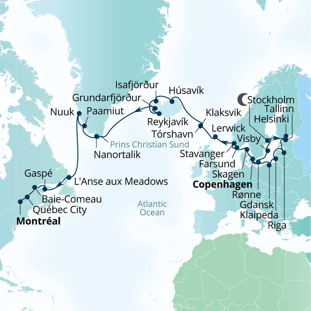 Seabourn Quest 36-day Copenhagen, Denmark to Montreal, Quebec, Canada itinerary map, August 16-September 21 2028
