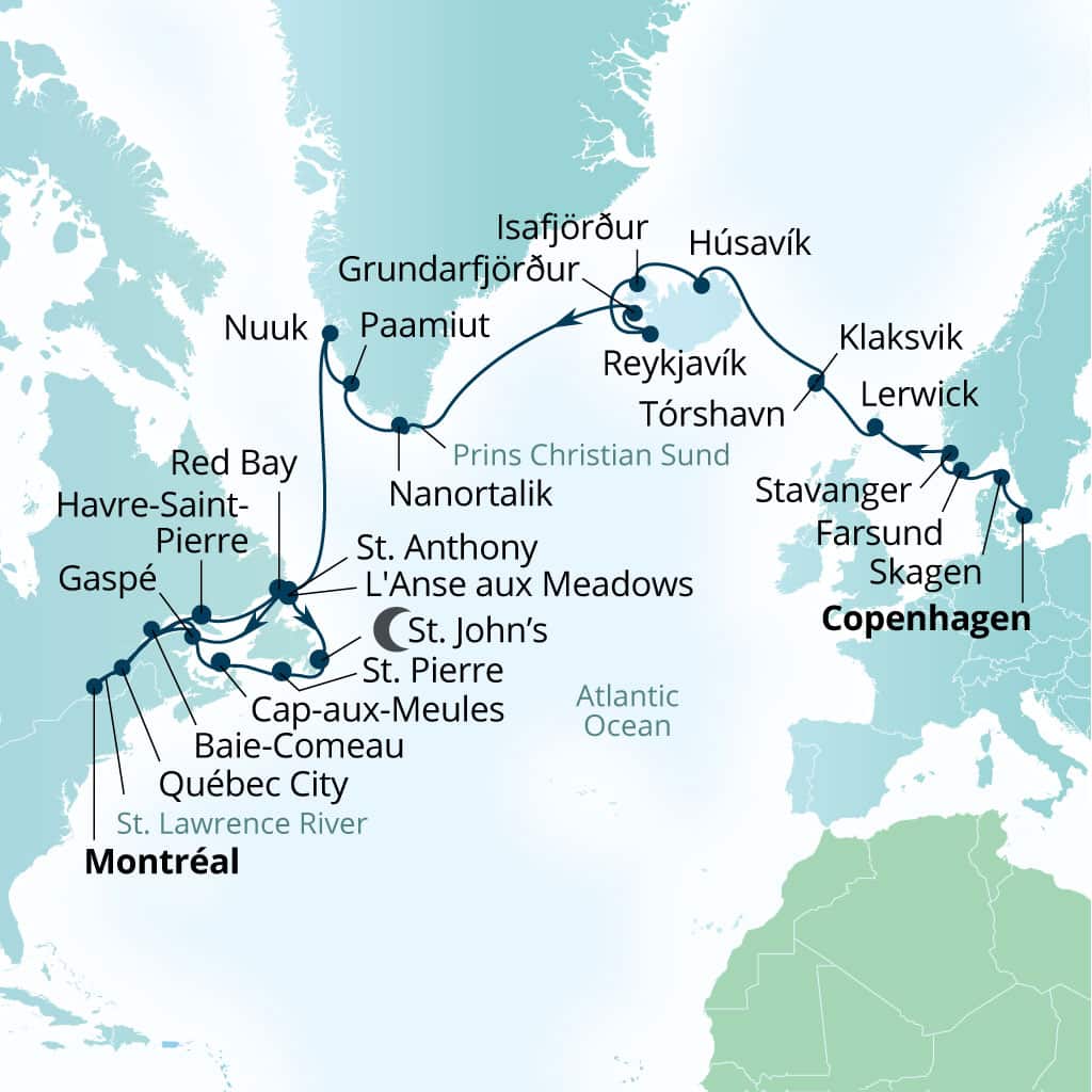 Seabourn Quest 37-day Copenhagen, Denmark to Montreal, Quebec, Canada itinerary map, August 28-October 4 2028