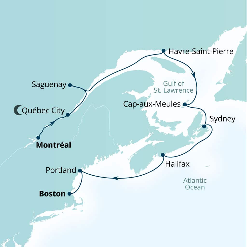 Seabourn Quest 12-day Montreal, Quebec, Canada to Boston, Massachusetts, US itinerary map, October 4-16 2028