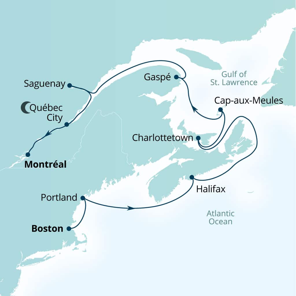 Seabourn Quest 12-day Boston, Massachusetts, US to Montreal, Quebec, Canada itinerary map, October 16-28 2028