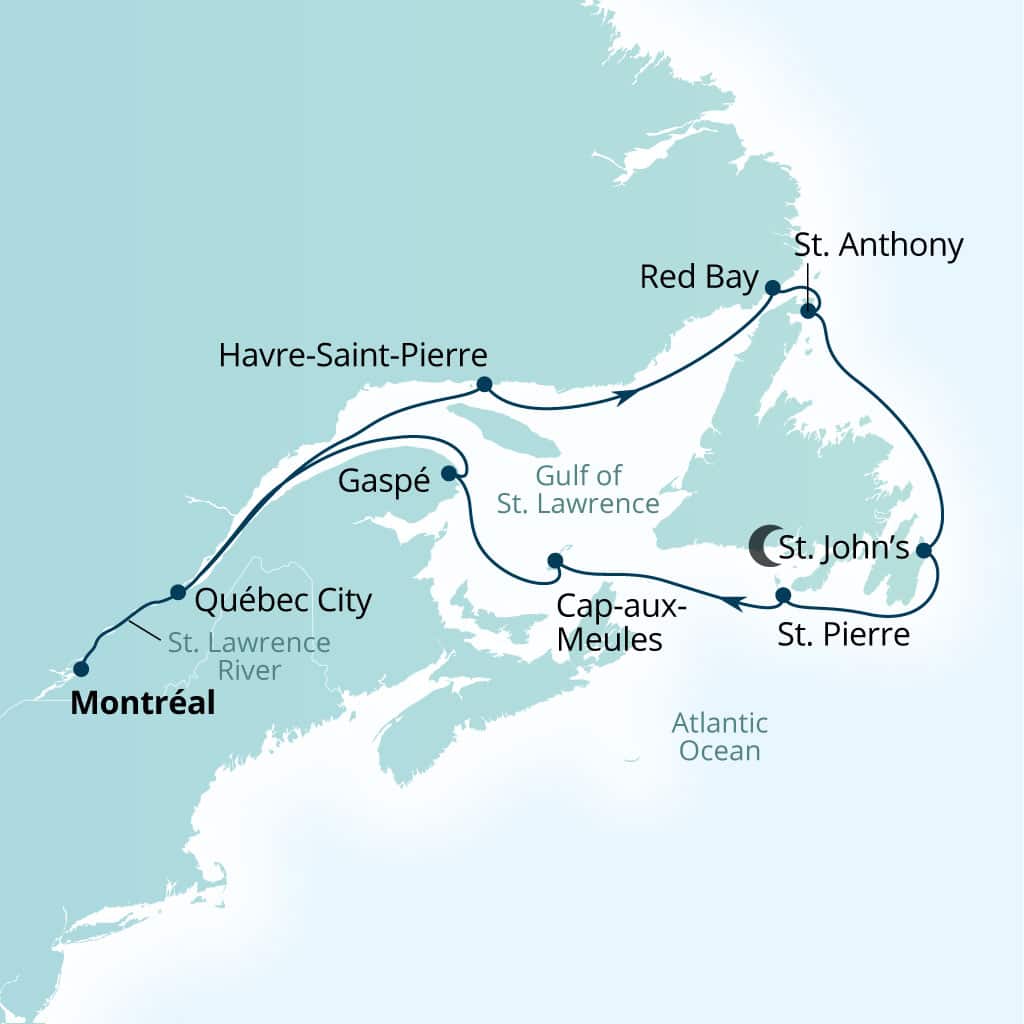 Seabourn Quest 13-day Montreal, Quebec, Canada to Montreal, Quebec, Canada itinerary map, September 21-October 4 2028