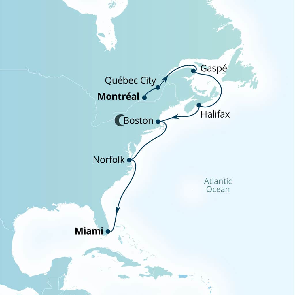 Seabourn Quest 13-day Montreal, Quebec, Canada to Miami, Florida, US itinerary map, October 28-November 10 2028
