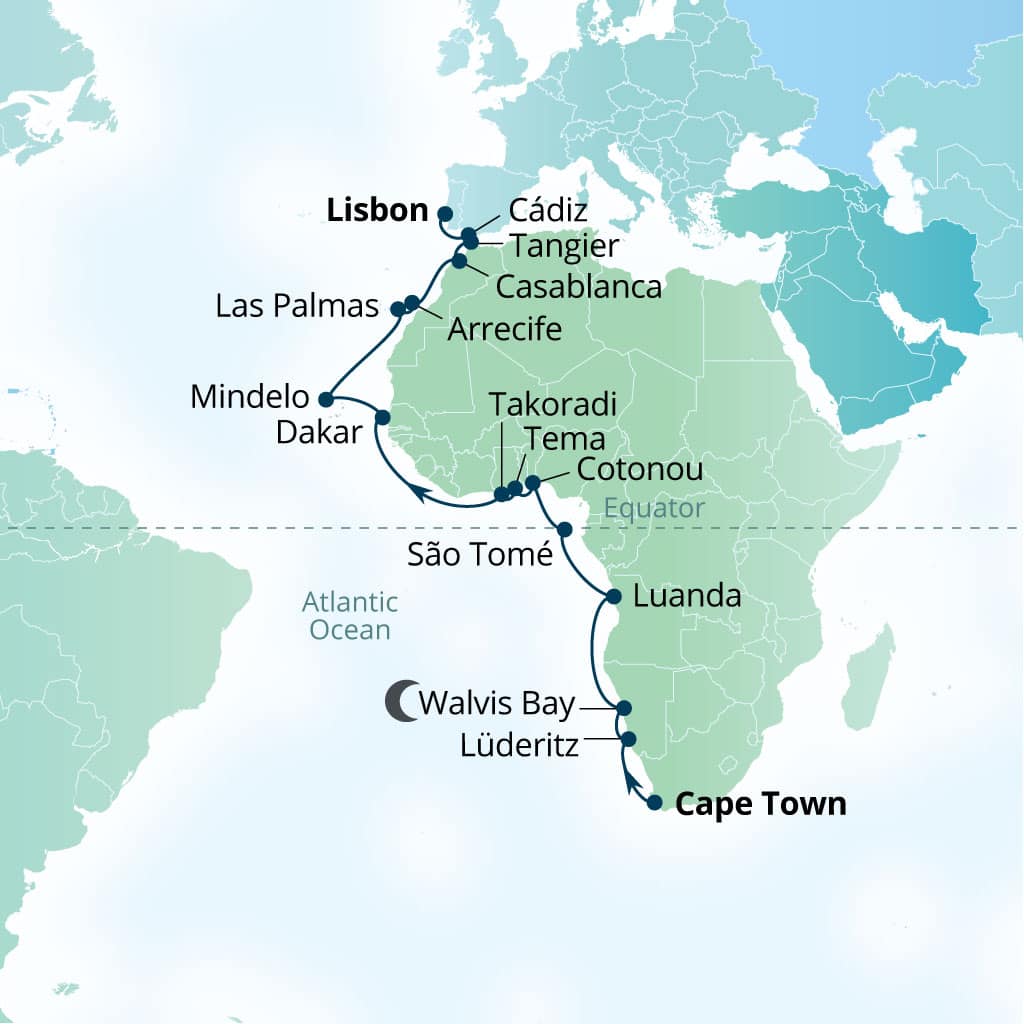 Seabourn Quest 30-day Cape Town, South Africa to Lisbon, Portugal itinerary map, March 29-April 28 2028