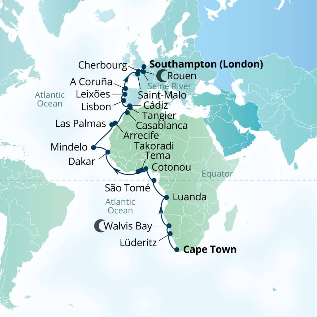 Seabourn Quest 38-day Cape Town, South Africa to Southampton (London), England itinerary map, March 29-May 6 2028