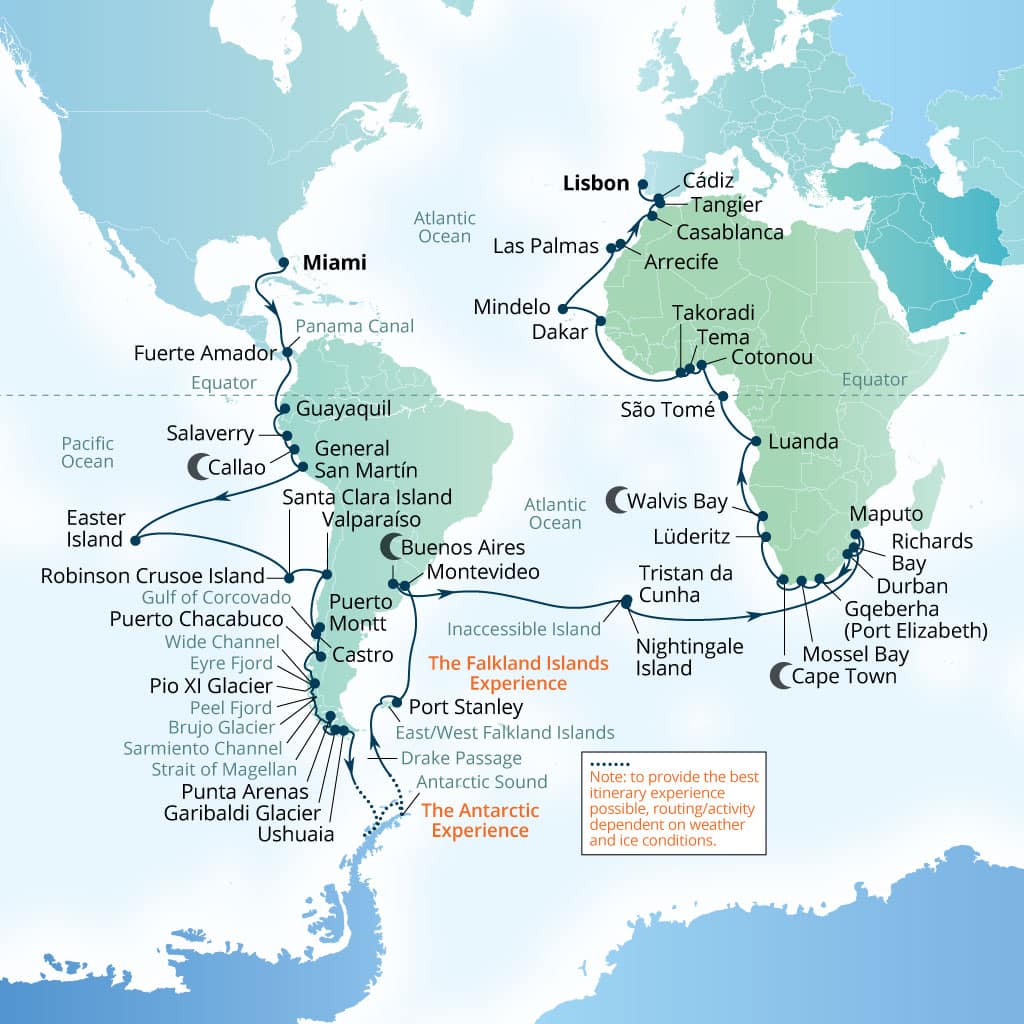 Seabourn Quest 112-day Miami, Florida, US to Lisbon, Portugal itinerary map, January 7-April 28 2028