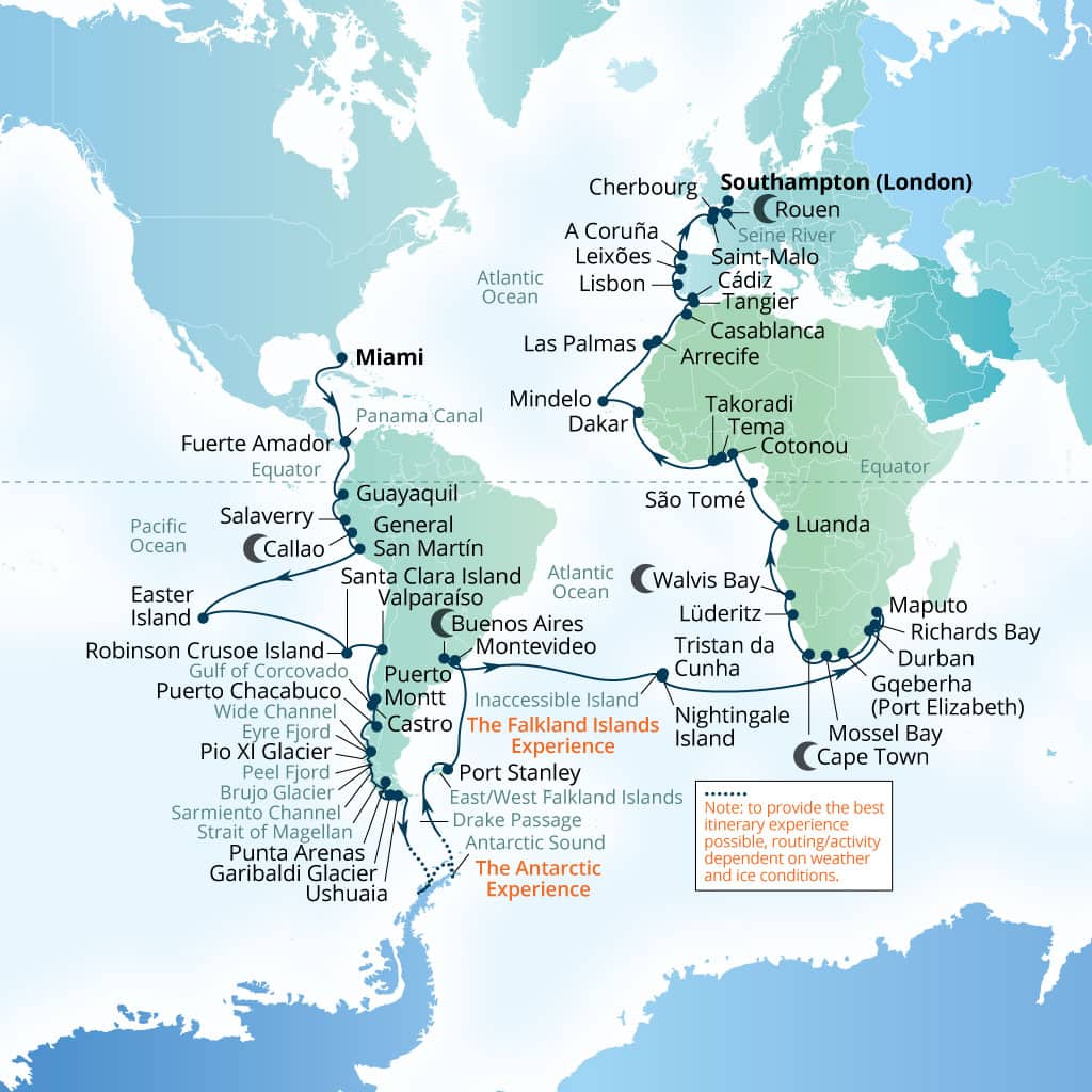 Seabourn Quest 120-day Miami, Florida, US to Southampton (London), England itinerary map, January 7-May 6 2028