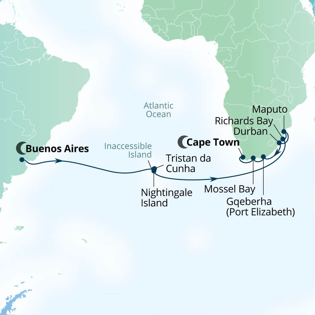 Seabourn Quest 25-day Buenos Aires, Argentina to Cape Town, South Africa itinerary map, March 4-29 2028